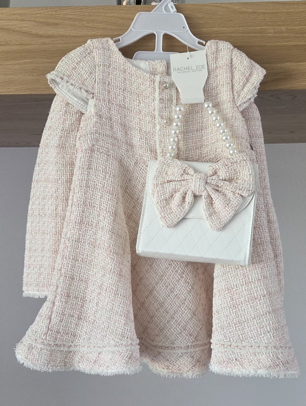 Rachel Zoe Pale Pink Tweed Baby Dress with White Bow Purse